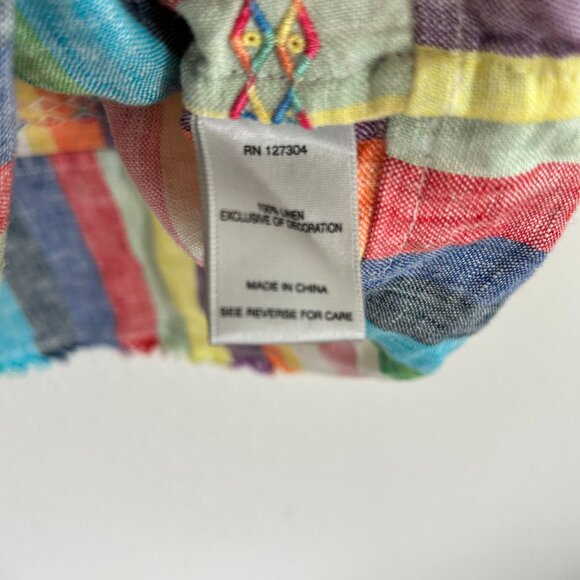 John Mark Shirt XL Rainbow Stripe Linen Embroidery Flounce Sleeve Raw Hem - Picture 8 of 8